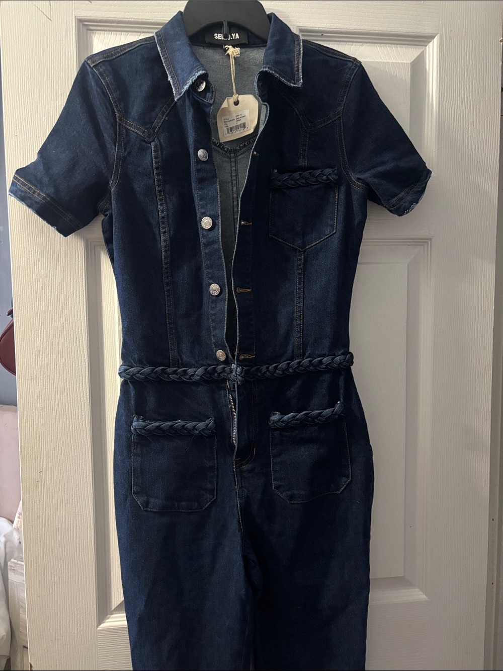 SER.O.YA Dark Blue Denim Short-Sleeve Jumpsuit with Braided Trim